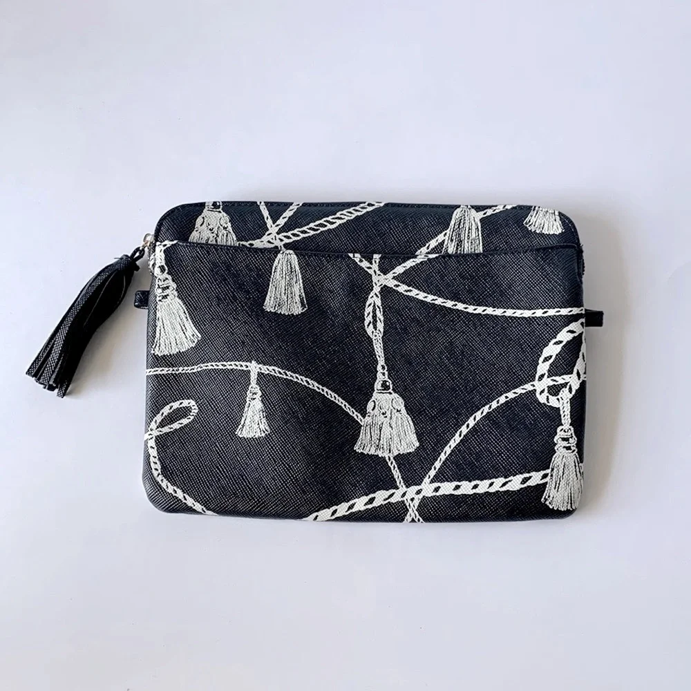 CHICO’S Navy Blue Textured Tassel Travel Makeup Bag